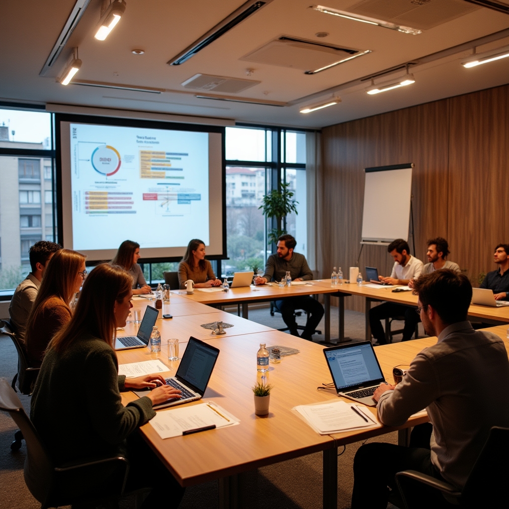 Entorno de taller intensivo con profesionales creativos trabajando en grupo